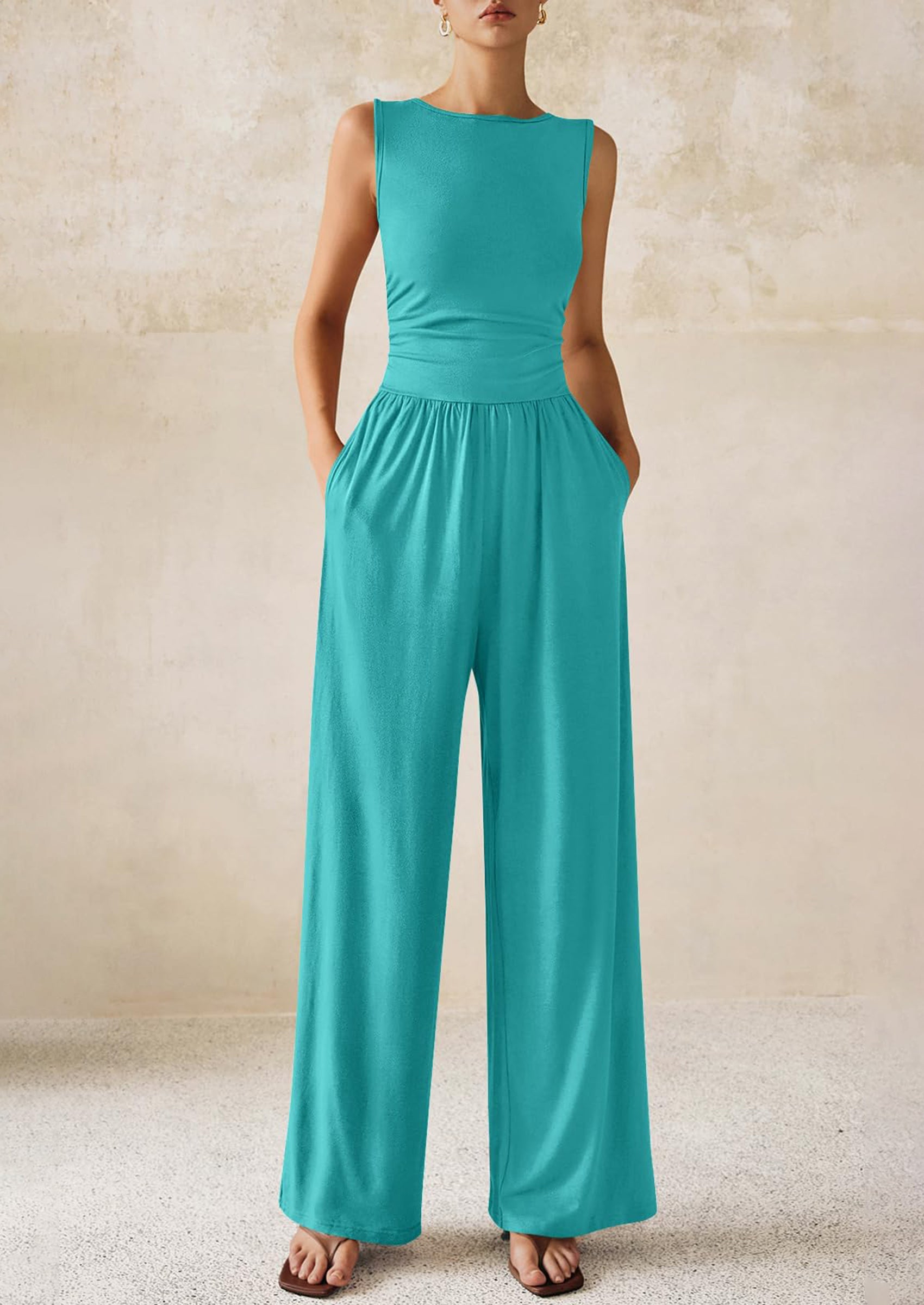 PRETTYGARDEN One Piece Jumpsuits for Women Dressy Casual Sleeveless Crewneck Wide Leg Rompers Jumpers Vacation Summer Outfits