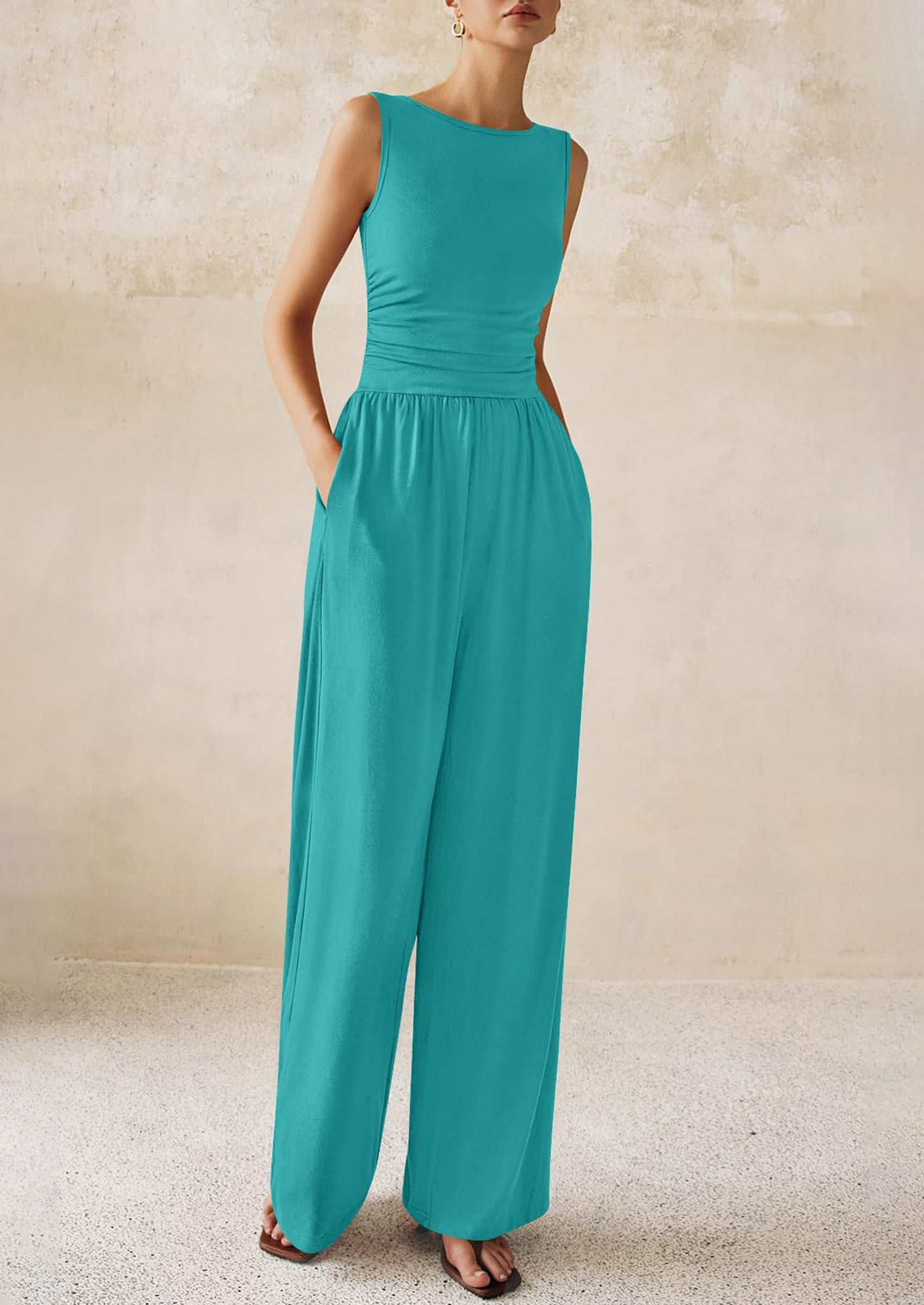 PRETTYGARDEN One Piece Jumpsuits for Women Dressy Casual Sleeveless Crewneck Wide Leg Rompers Jumpers Vacation Summer Outfits