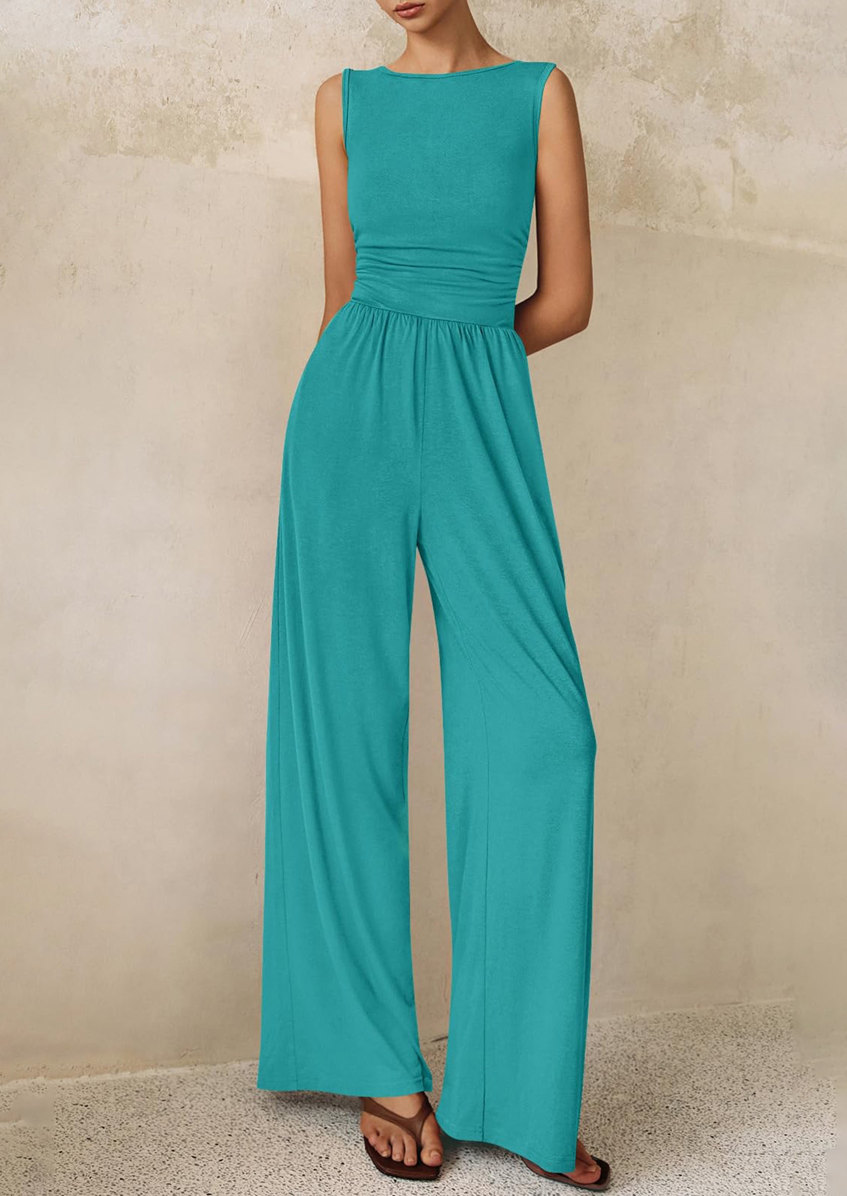 PRETTYGARDEN One Piece Jumpsuits for Women Dressy Casual Sleeveless Crewneck Wide Leg Rompers Jumpers Vacation Summer Outfits