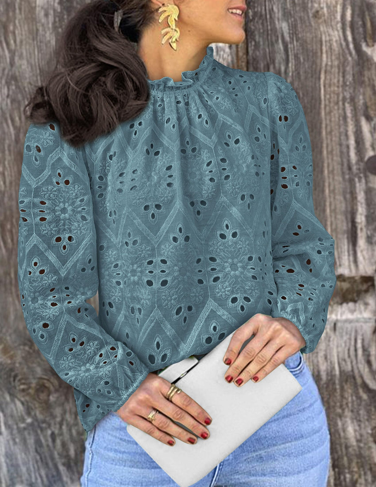 Womens Blouses Dressy Casual Embroidered Long Puff Sleeve Shirts Ruffle Eyelet Lace Top Fall Clothes