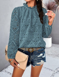 Womens Blouses Dressy Casual Embroidered Long Puff Sleeve Shirts Ruffle Eyelet Lace Top Fall Clothes