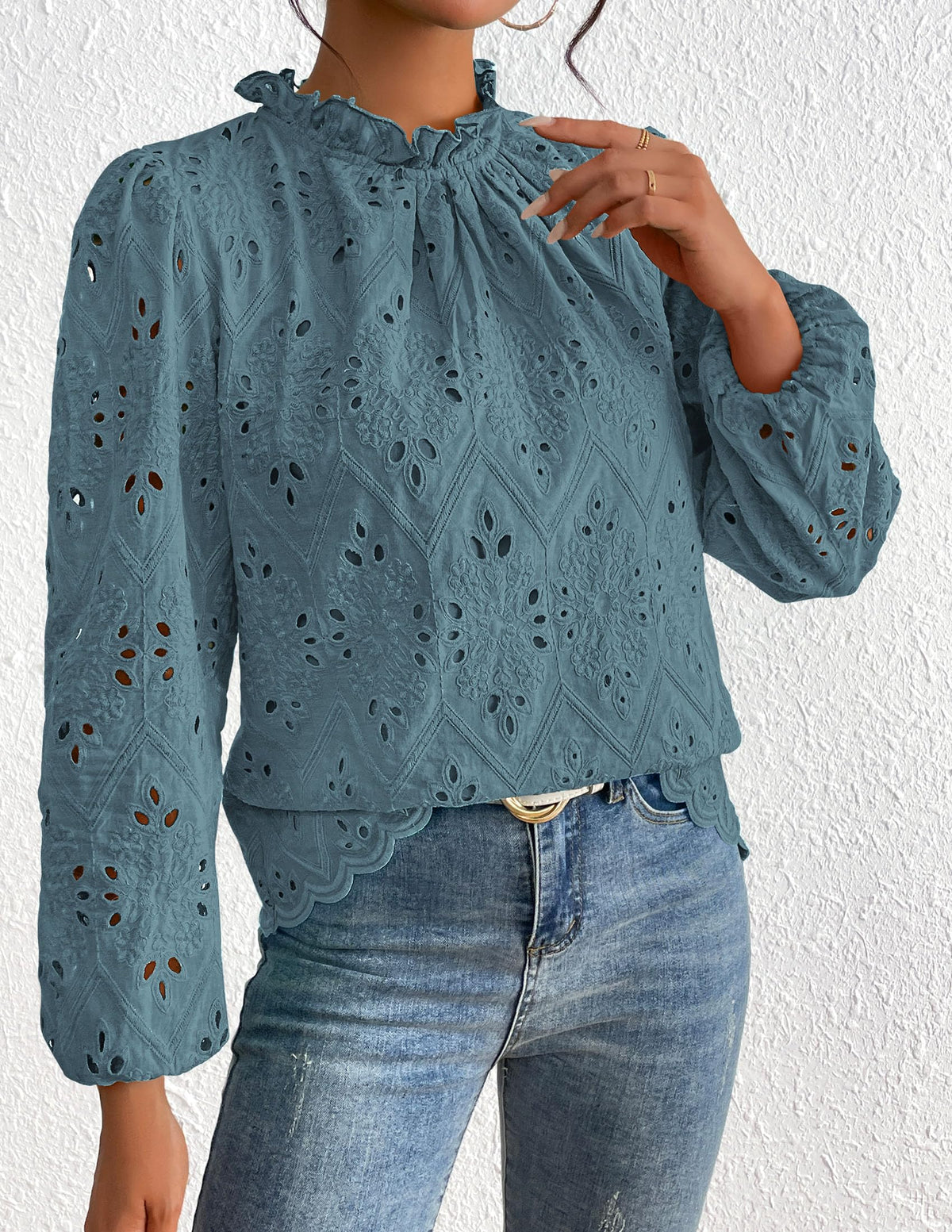 Womens Blouses Dressy Casual Embroidered Long Puff Sleeve Shirts Ruffle Eyelet Lace Top Fall Clothes