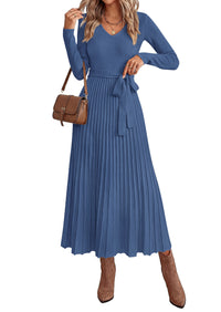 PRETTYGARDEN Womens Fall Maxi Long Sleeve Sweater Dress  Soft Stretchy Knit, V Neck A Line Dresses with Bow, Flowy Pleated Hem, Cocktail Party Outfits, Trendy Winter Clothes