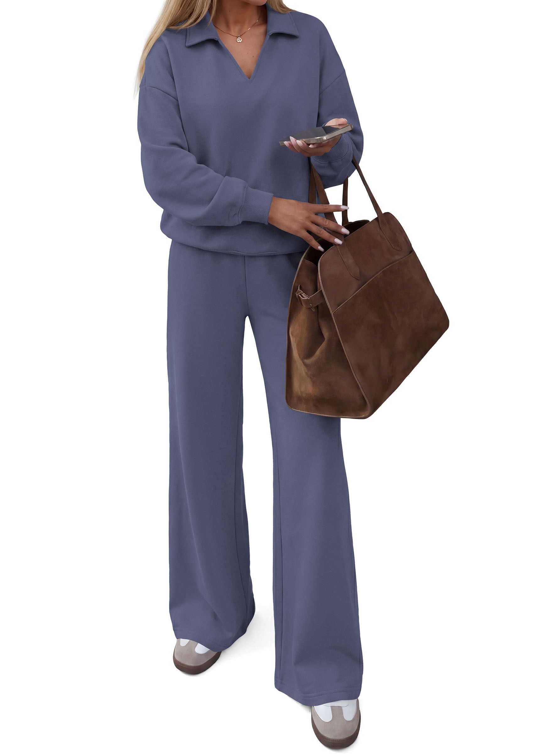 PRETTYGARDEN Womens Sweatsuits 2 Piece Outfits Matching Sets | Wide Leg Sweatpants & Polo V Neck Sweatshirt, Lounge Set, Comfy Airport Travel Outfits, Track suits, Fall Winter Clothes