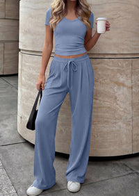 PRETTYGARDEN 2 Piece Sets for Women Summer 2026 Spring Lounge Set Matching V Neck Tops Wide Leg Pants Airport Travel Outfits PRETTYGARDEN