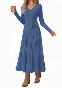 PRETTYGARDEN Womens Fall Maxi Long Sleeve Sweater Dress  Soft Stretchy Knit, V Neck A Line Dresses with Bow, Flowy Pleated Hem, Cocktail Party Outfits, Trendy Winter Clothes