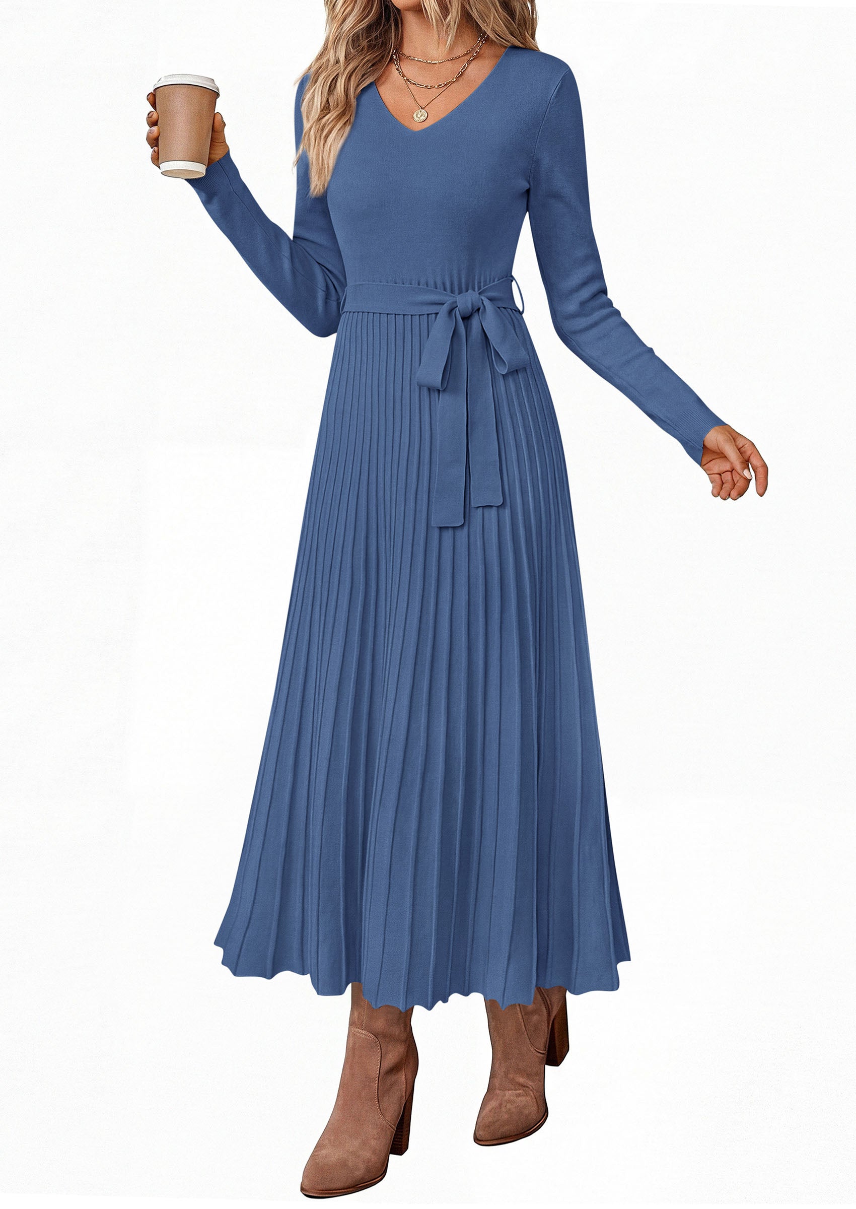 PRETTYGARDEN Womens Fall Maxi Long Sleeve Sweater Dress  Soft Stretchy Knit, V Neck A Line Dresses with Bow, Flowy Pleated Hem, Cocktail Party Outfits, Trendy Winter Clothes