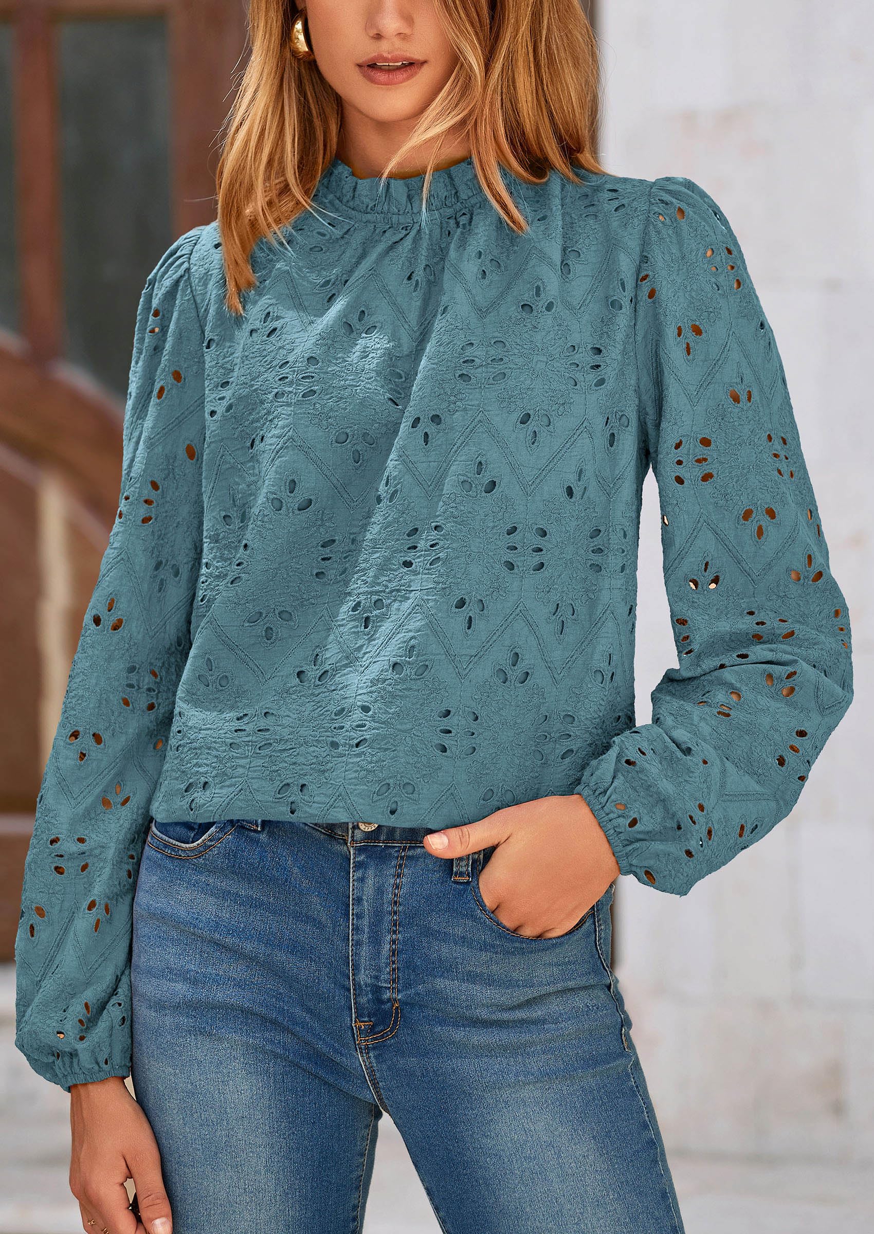 PRETTYGARDEN Womens Tops Dressy Casual Spring Long Sleeve Shirts Embroidered Eyelet Blouses Going Out Outfits