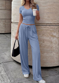 PRETTYGARDEN 2 Piece Sets for Women Summer 2026 Spring Lounge Set Matching V Neck Tops Wide Leg Pants Airport Travel Outfits PRETTYGARDEN