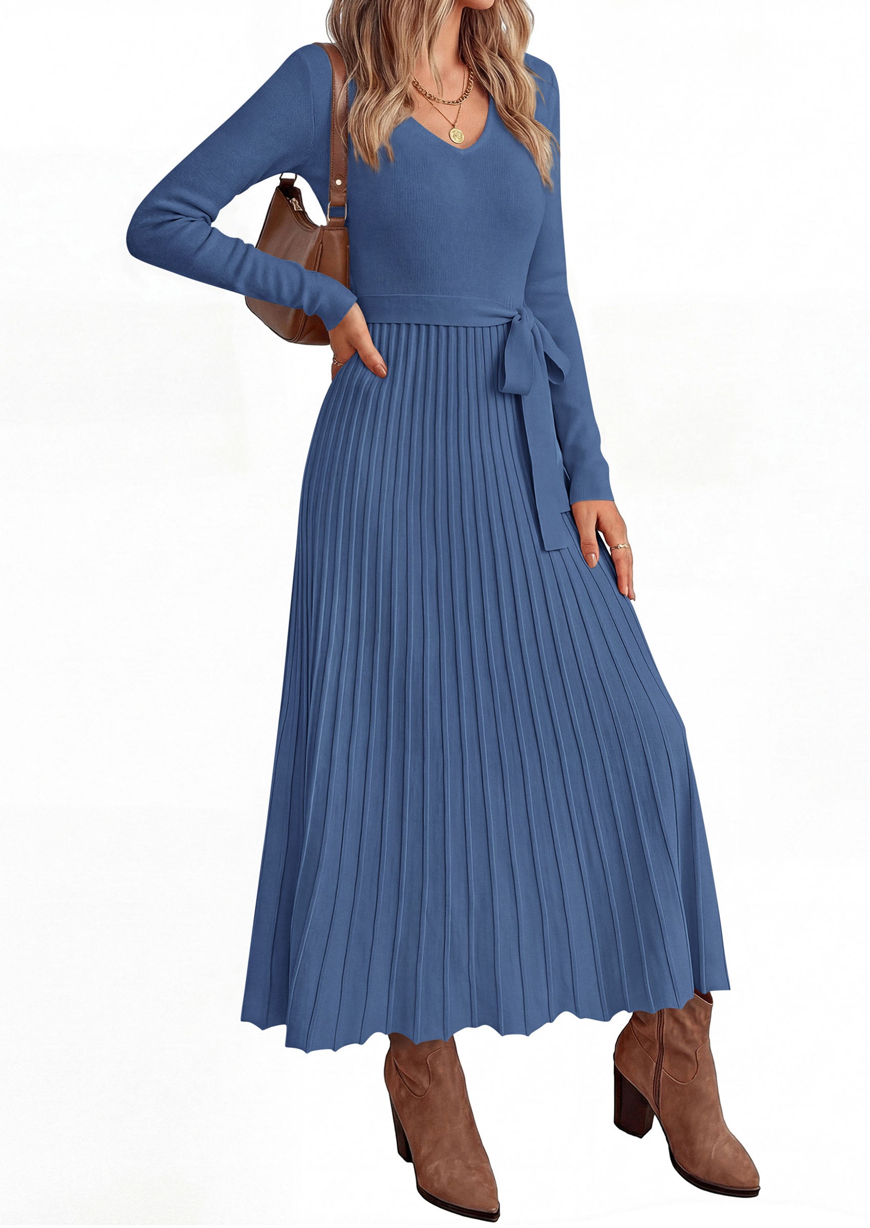PRETTYGARDEN Womens Fall Maxi Long Sleeve Sweater Dress  Soft Stretchy Knit, V Neck A Line Dresses with Bow, Flowy Pleated Hem, Cocktail Party Outfits, Trendy Winter Clothes