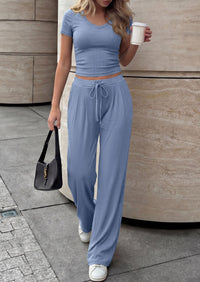 PRETTYGARDEN 2 Piece Sets for Women Summer 2026 Spring Lounge Set Matching V Neck Tops Wide Leg Pants Airport Travel Outfits PRETTYGARDEN