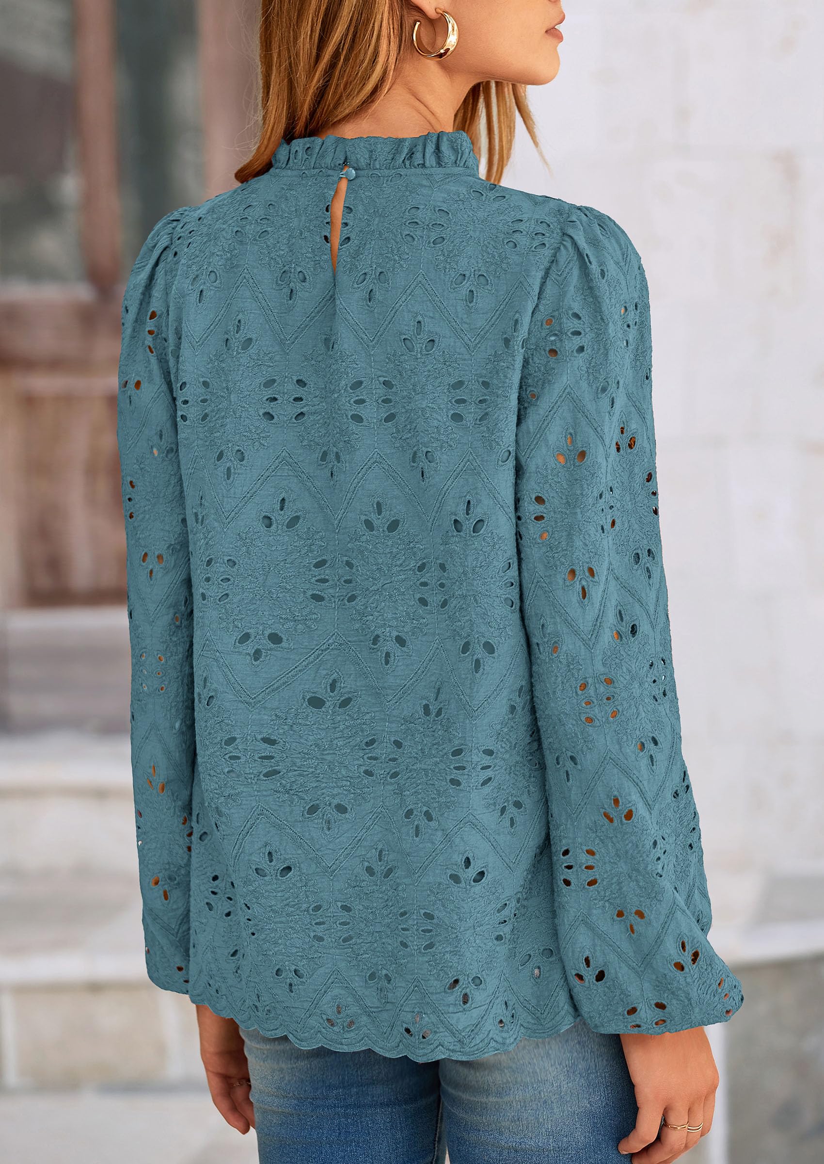 PRETTYGARDEN Womens Tops Dressy Casual Spring Long Sleeve Shirts Embroidered Eyelet Blouses Going Out Outfits