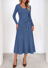 PRETTYGARDEN Womens Fall Maxi Long Sleeve Sweater Dress  Soft Stretchy Knit, V Neck A Line Dresses with Bow, Flowy Pleated Hem, Cocktail Party Outfits, Trendy Winter Clothes