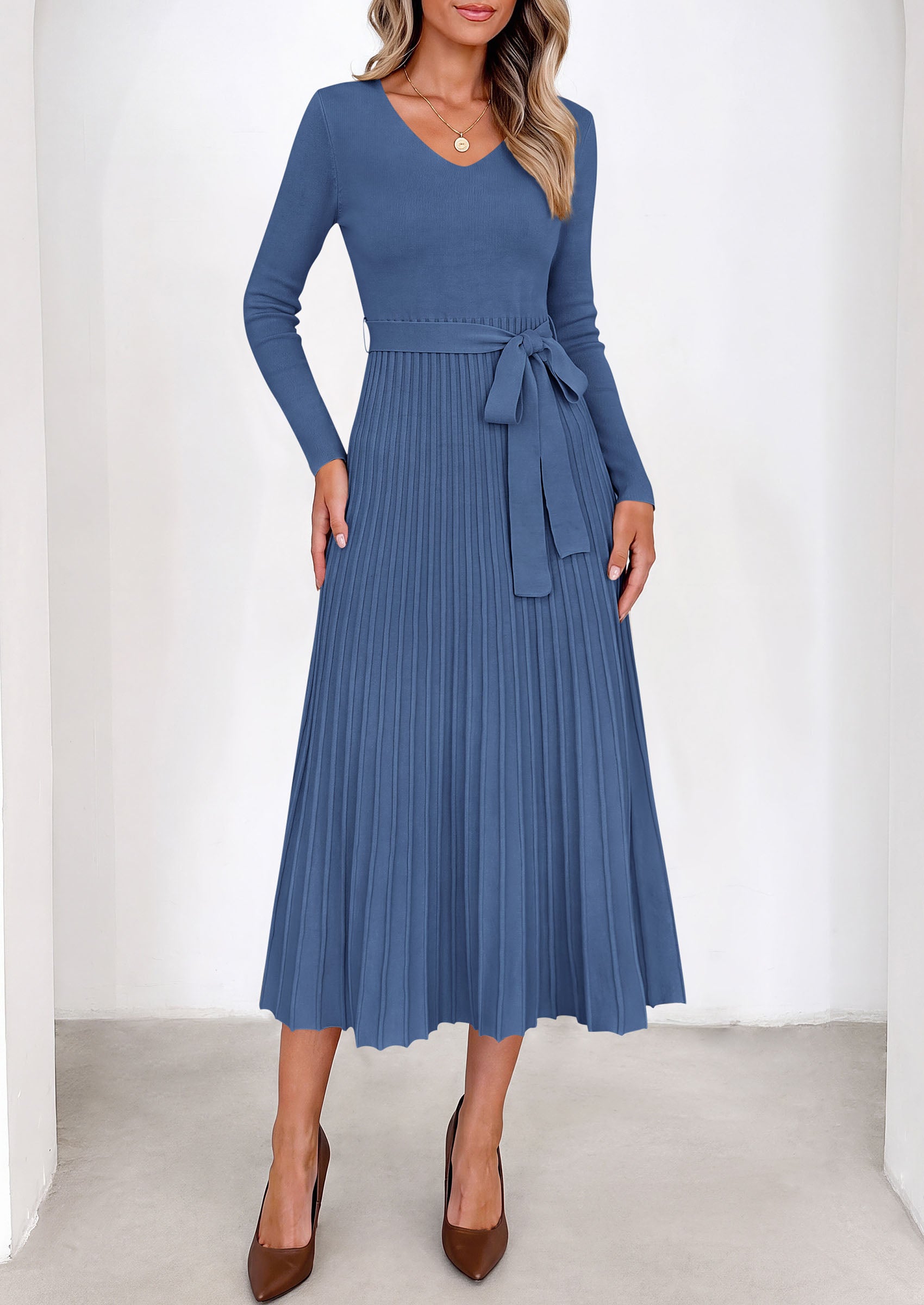 PRETTYGARDEN Womens Fall Maxi Long Sleeve Sweater Dress  Soft Stretchy Knit, V Neck A Line Dresses with Bow, Flowy Pleated Hem, Cocktail Party Outfits, Trendy Winter Clothes