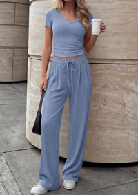 PRETTYGARDEN 2 Piece Sets for Women Summer 2026 Spring Lounge Set Matching V Neck Tops Wide Leg Pants Airport Travel Outfits PRETTYGARDEN