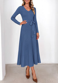 PRETTYGARDEN Womens Fall Maxi Long Sleeve Sweater Dress  Soft Stretchy Knit, V Neck A Line Dresses with Bow, Flowy Pleated Hem, Cocktail Party Outfits, Trendy Winter Clothes