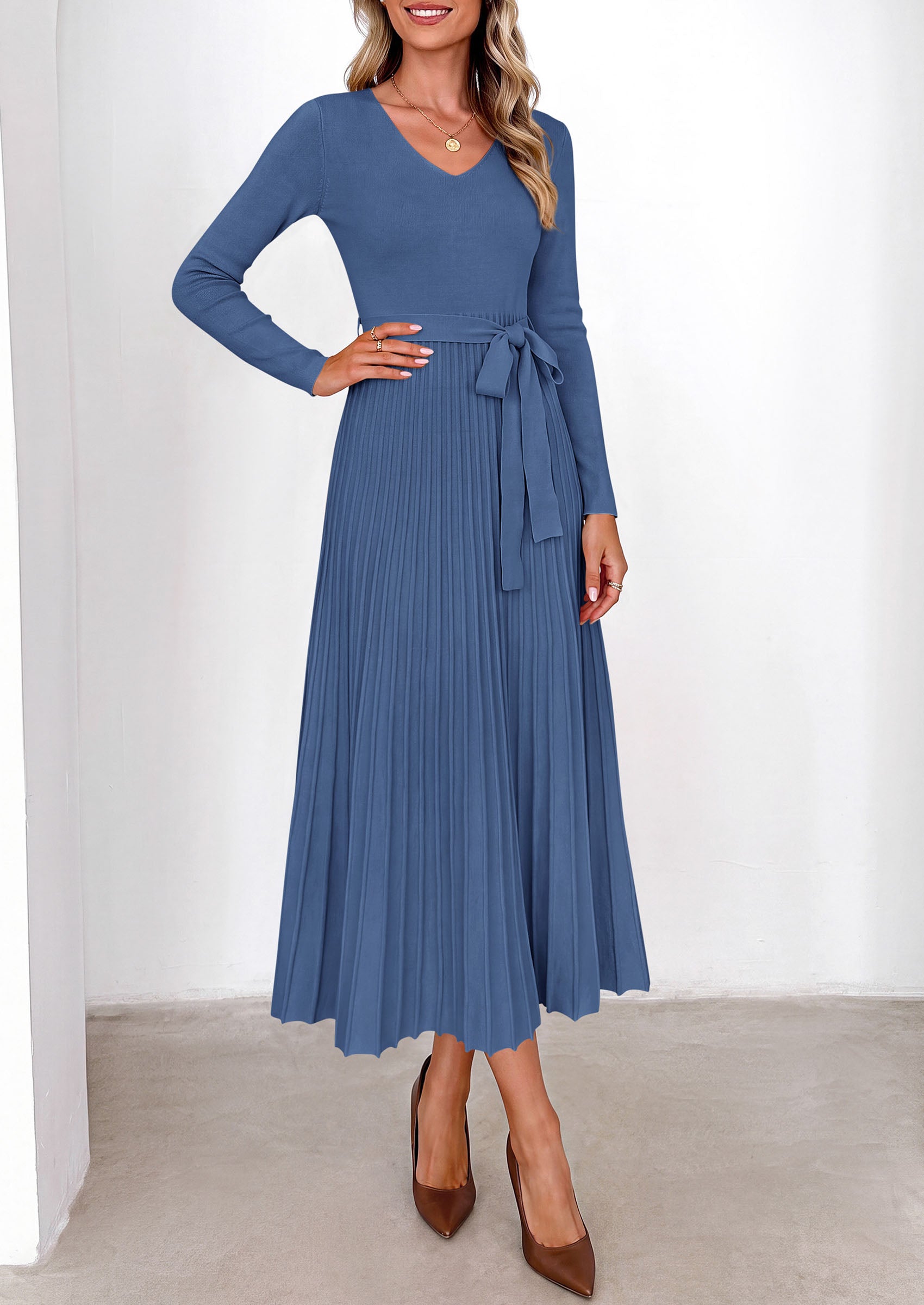 PRETTYGARDEN Womens Fall Maxi Long Sleeve Sweater Dress  Soft Stretchy Knit, V Neck A Line Dresses with Bow, Flowy Pleated Hem, Cocktail Party Outfits, Trendy Winter Clothes