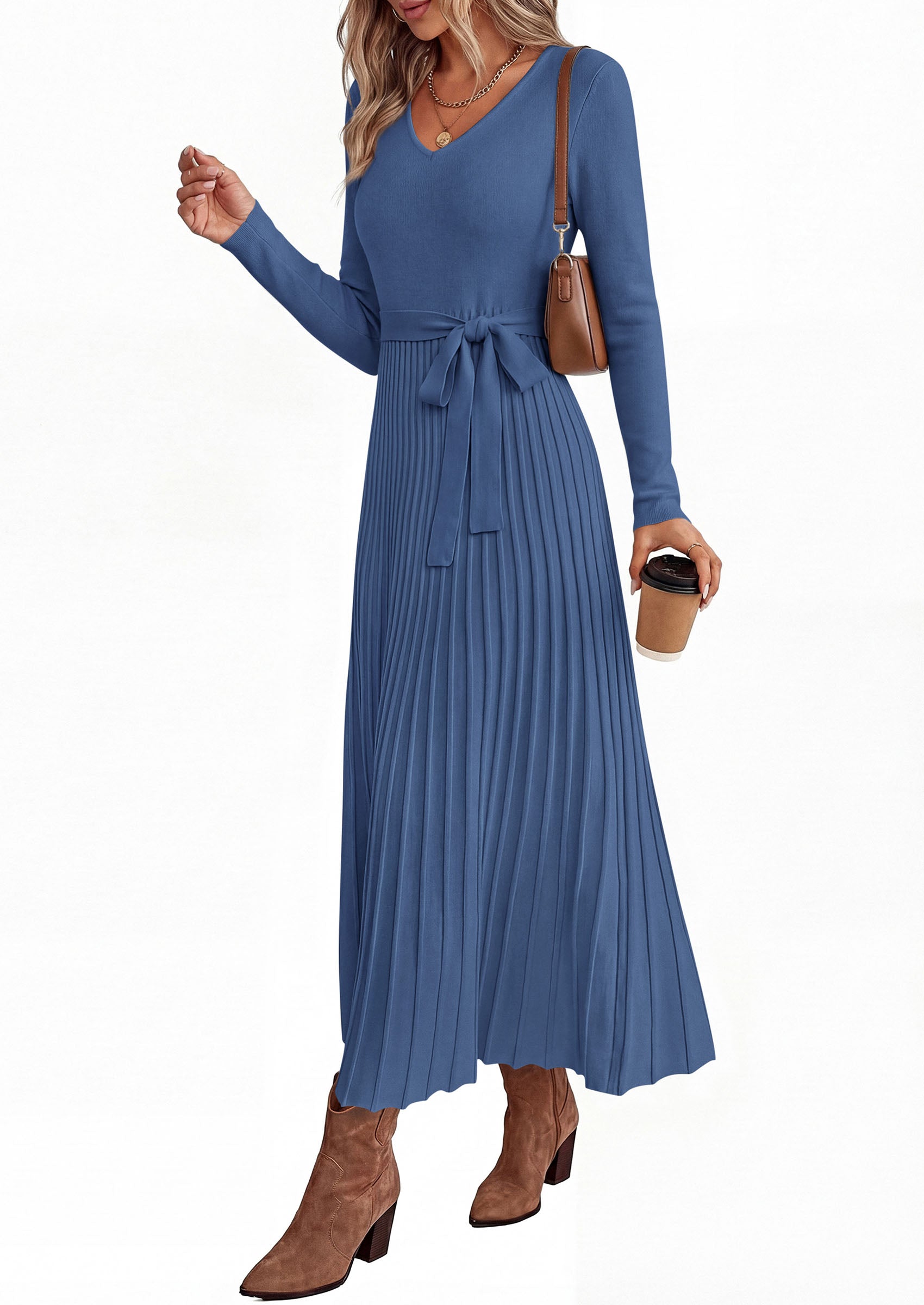 PRETTYGARDEN Womens Fall Maxi Long Sleeve Sweater Dress  Soft Stretchy Knit, V Neck A Line Dresses with Bow, Flowy Pleated Hem, Cocktail Party Outfits, Trendy Winter Clothes