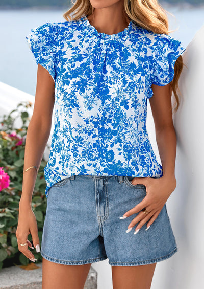 PRETTYGARDEN Women's Ruffle Short Sleeve Summer Tops Trendy Floral Trim Neck Casual Dressy Chiffon Boho Blouses Shirts PRETTYGARDEN