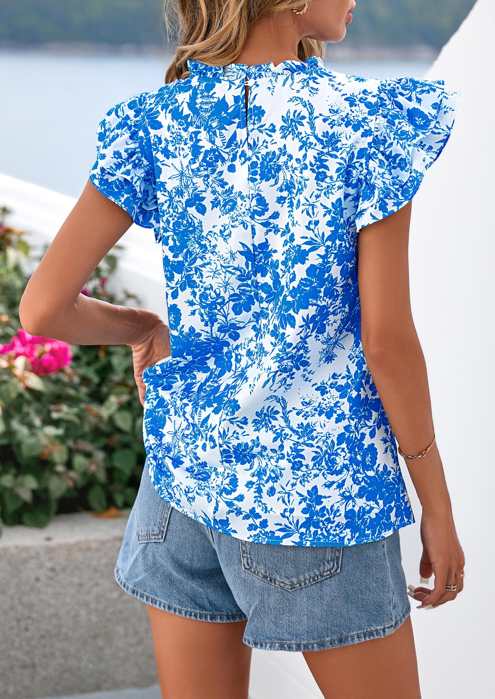 PRETTYGARDEN Women's Ruffle Short Sleeve Summer Tops Trendy Floral Trim Neck Casual Dressy Chiffon Boho Blouses Shirts PRETTYGARDEN