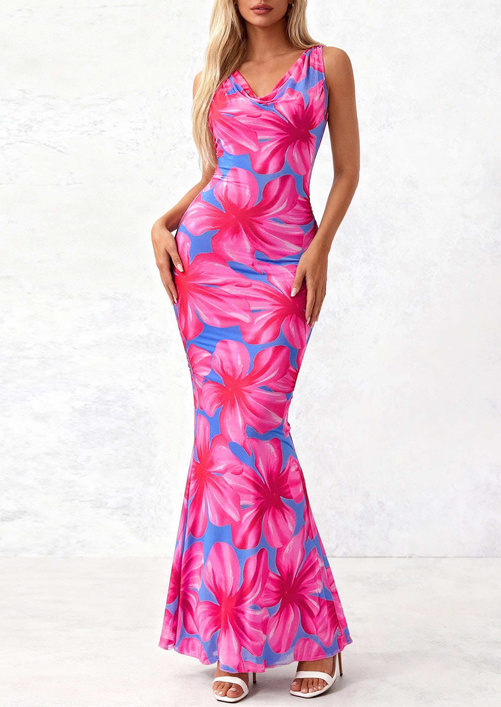 PRETTYGARDEN Women's Summer Cowl Neck Floral Maxi Dress Sleeveless Bodycon Beach Vacation Long Party Wedding Guest Dresses PRETTYGARDEN