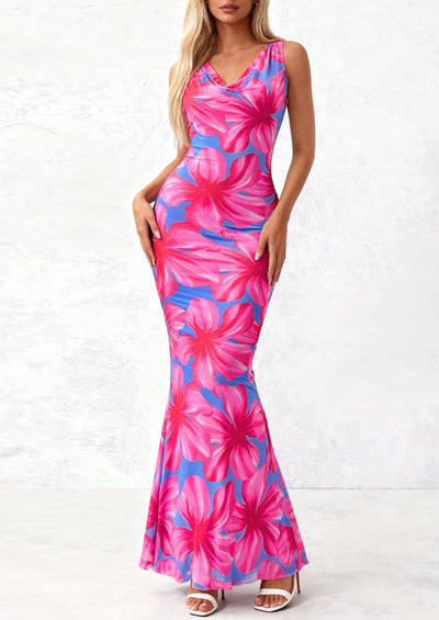 PRETTYGARDEN Women's Summer Cowl Neck Floral Maxi Dress Sleeveless Bodycon Beach Vacation Long Party Wedding Guest Dresses PRETTYGARDEN