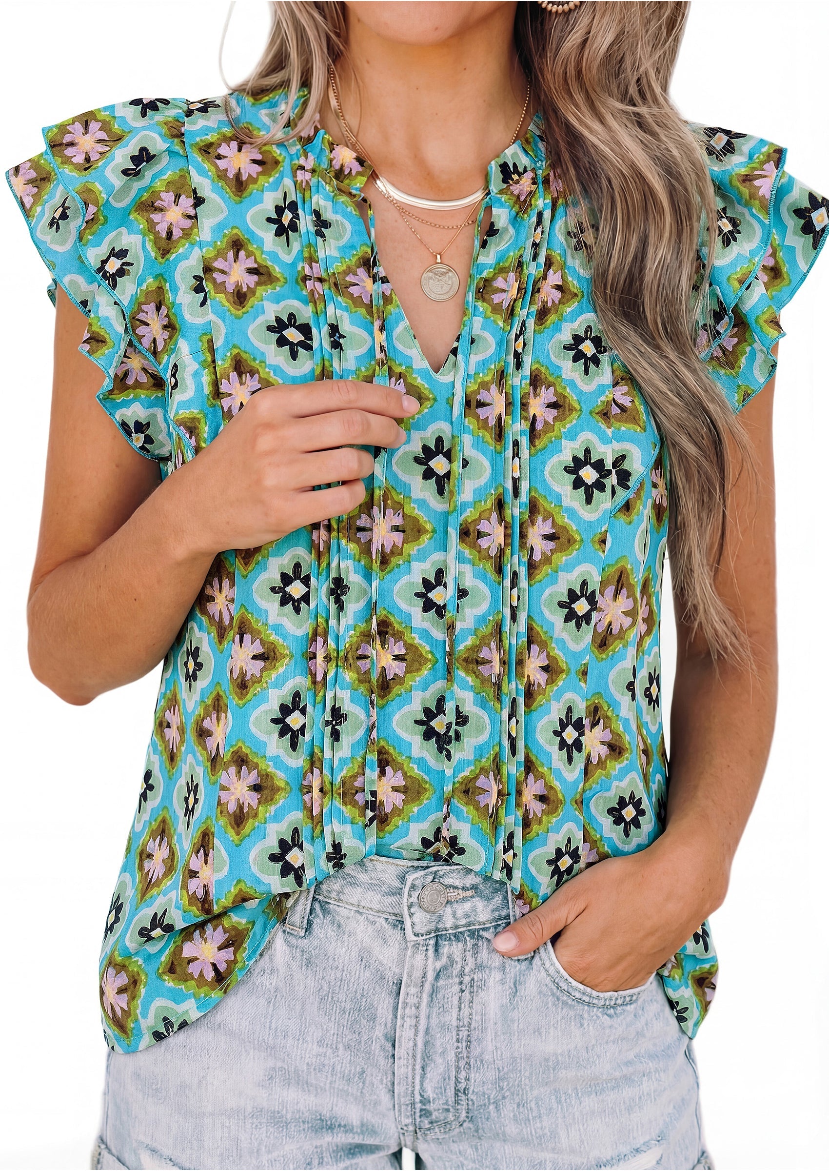 PRETTYGARDEN Womens Summer Boho Tops Trendy 2026 V Neck Flutter Short Sleeve Floral Casual Dressy Blouses Shirts Spring Clothes PRETTYGARDEN