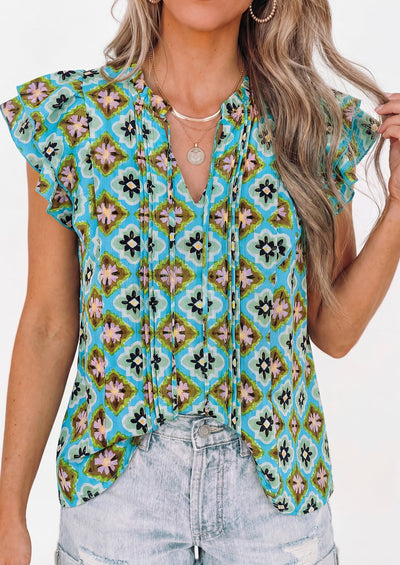 PRETTYGARDEN Womens Summer Boho Tops Trendy 2026 V Neck Flutter Short Sleeve Floral Casual Dressy Blouses Shirts Spring Clothes PRETTYGARDEN