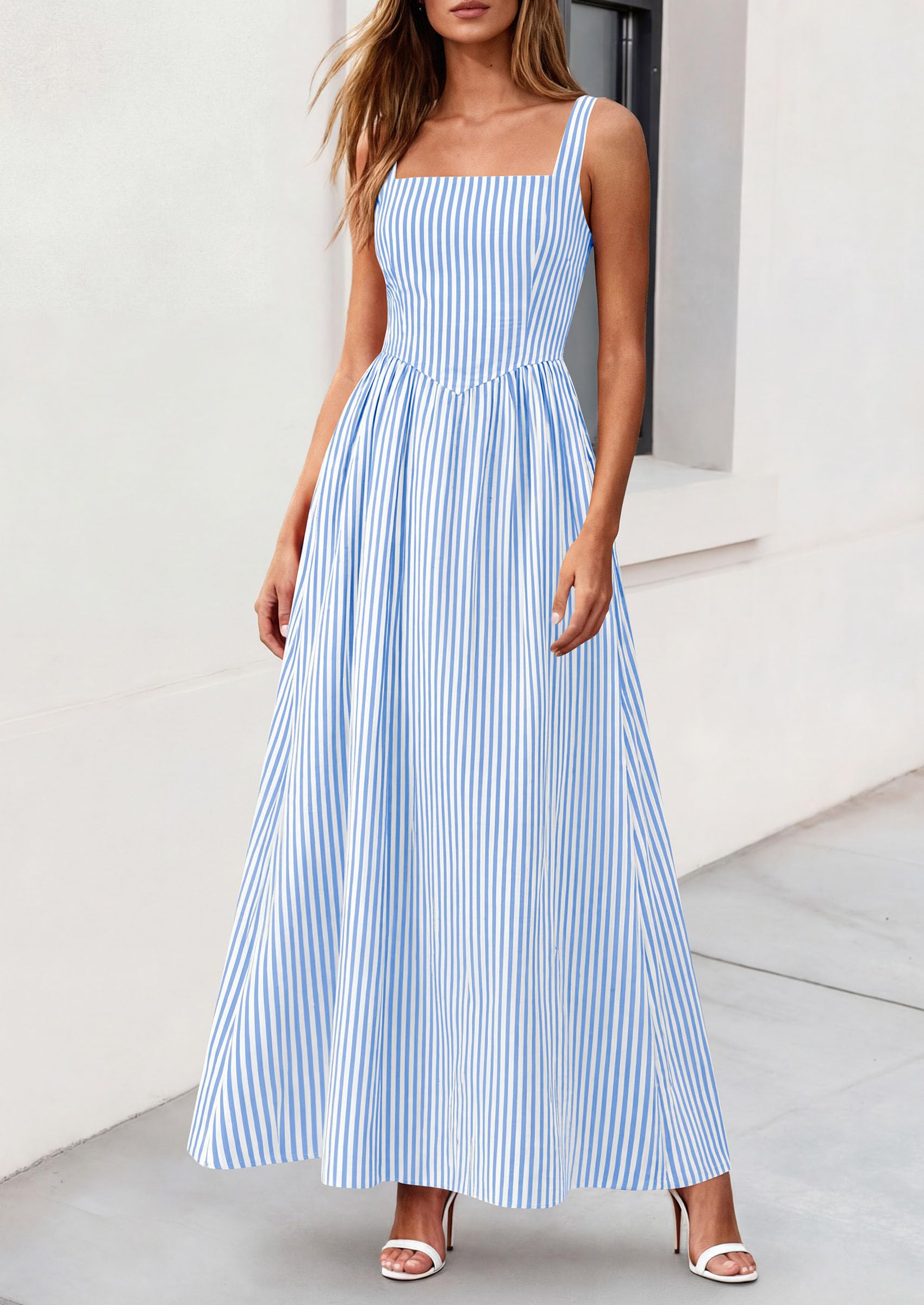 PRETTYGARDEN Women's Maxi Striped Dress Summer Sleeveless Square Neck Smocked A Line Long Flowy Spring Vacation Sundress PRETTYGARDEN