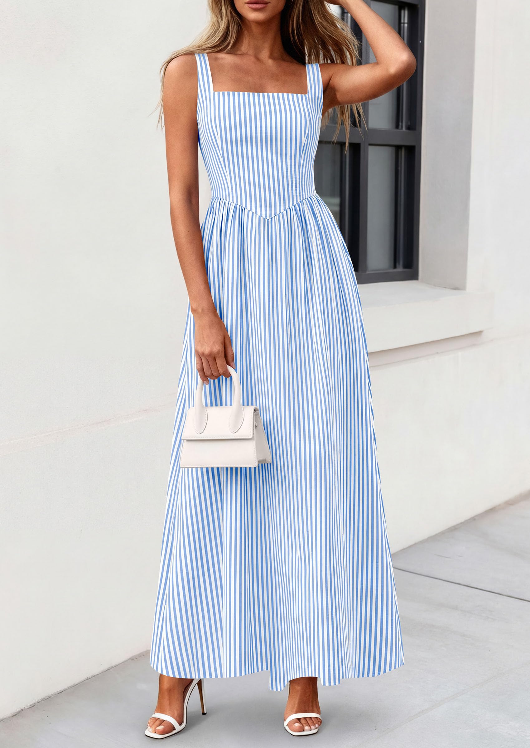 PRETTYGARDEN Women's Maxi Striped Dress Summer Sleeveless Square Neck Smocked A Line Long Flowy Spring Vacation Sundress PRETTYGARDEN