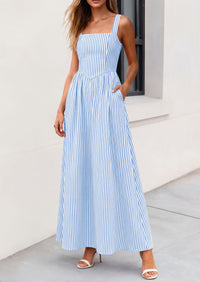 PRETTYGARDEN Women's Maxi Striped Dress Summer Sleeveless Square Neck Smocked A Line Long Flowy Spring Vacation Sundress PRETTYGARDEN