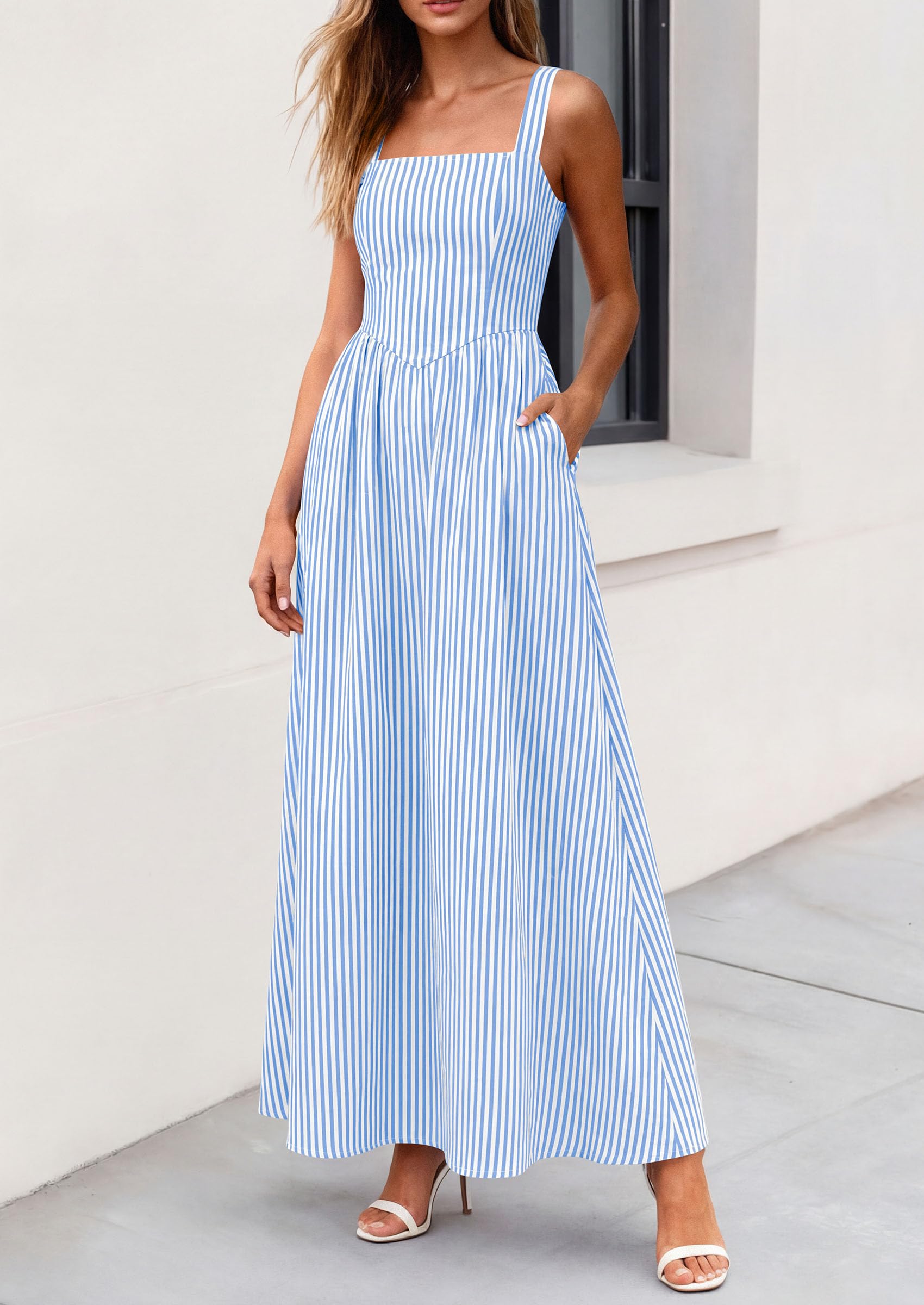 PRETTYGARDEN Women's Maxi Striped Dress Summer Sleeveless Square Neck Smocked A Line Long Flowy Spring Vacation Sundress PRETTYGARDEN