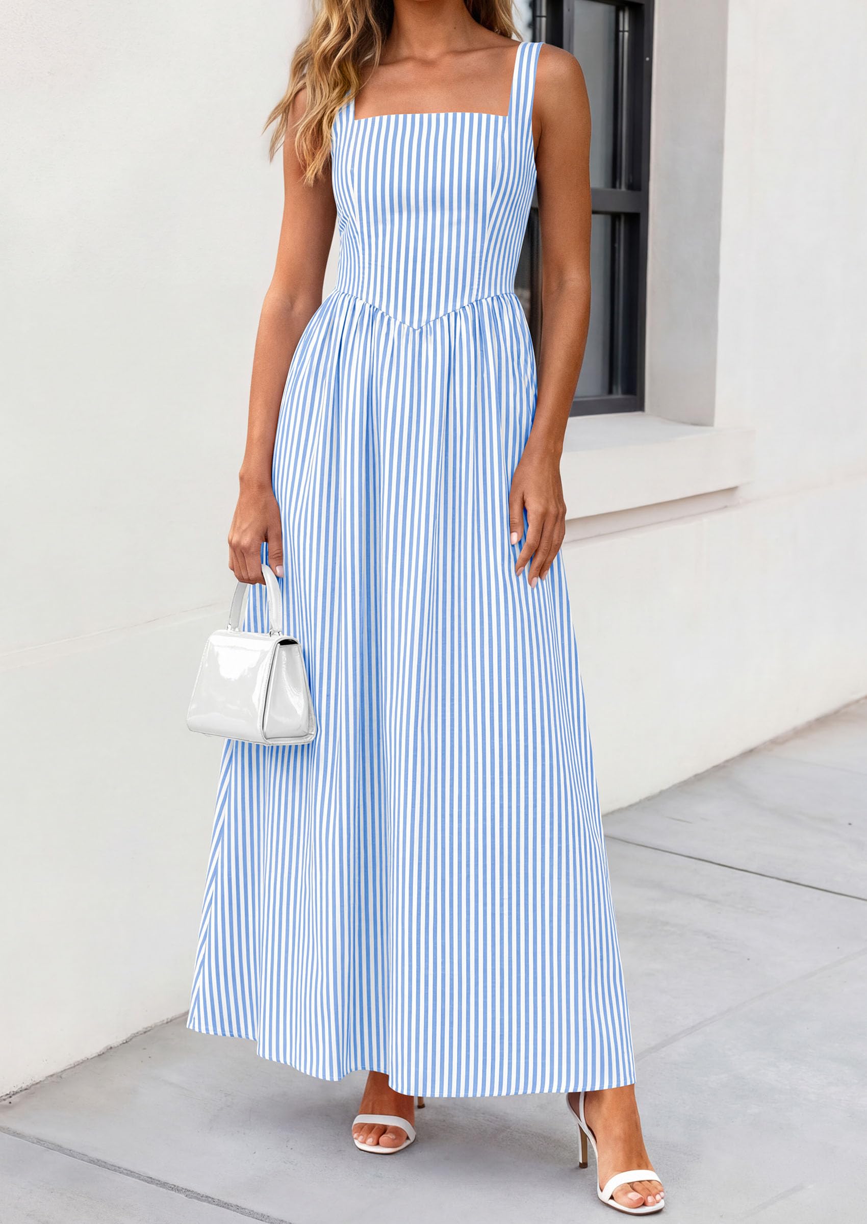 PRETTYGARDEN Women's Maxi Striped Dress Summer Sleeveless Square Neck Smocked A Line Long Flowy Spring Vacation Sundress PRETTYGARDEN