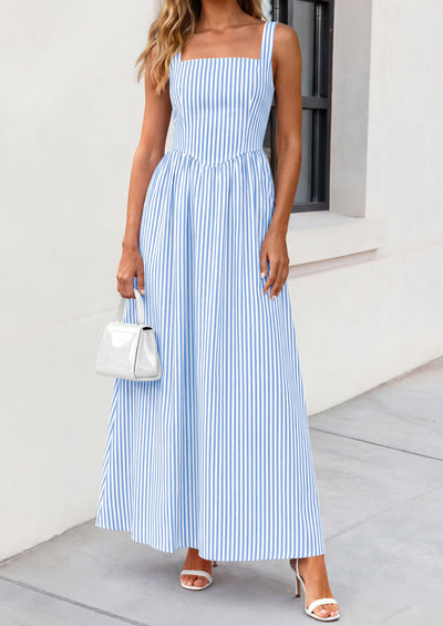 PRETTYGARDEN Women's Maxi Striped Dress Summer Sleeveless Square Neck Smocked A Line Long Flowy Spring Vacation Sundress PRETTYGARDEN