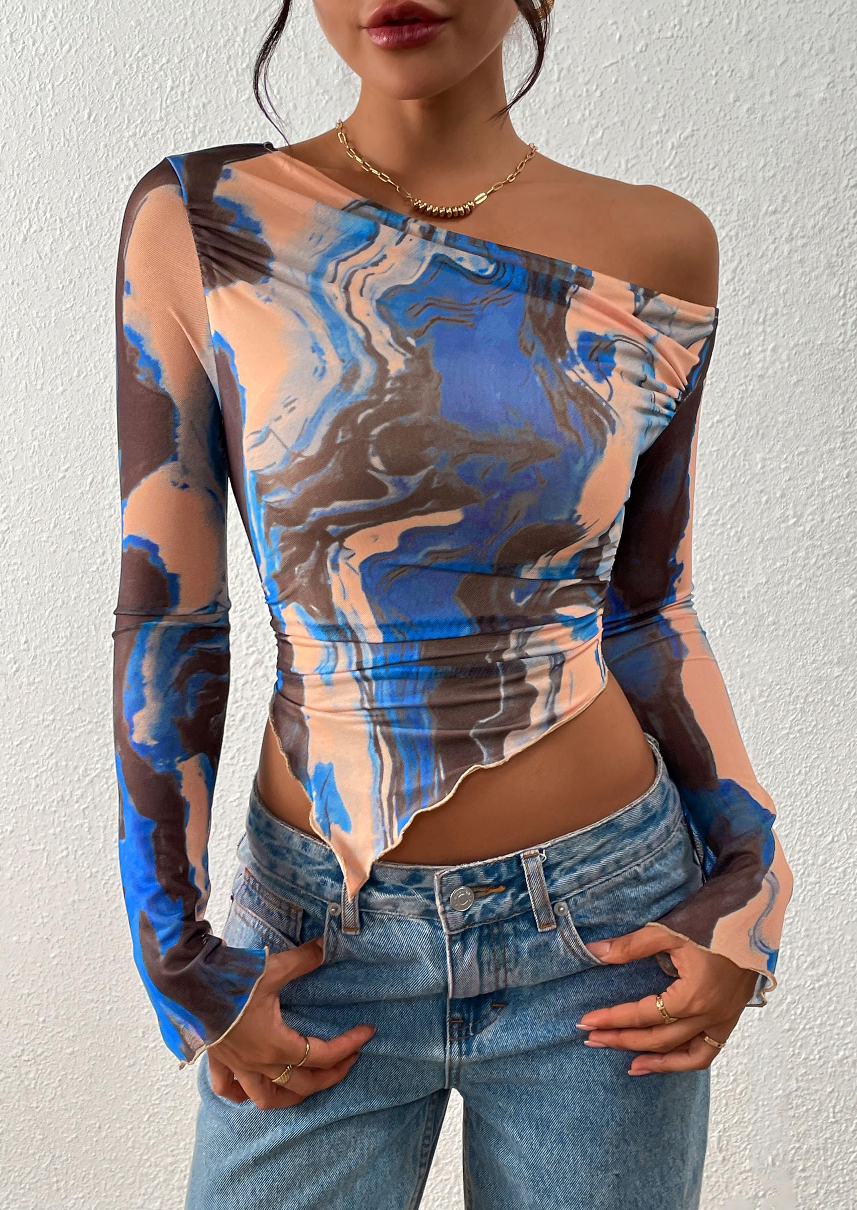 PRETTYGARDEN Womens Fall Trendy Off Shoulder Tops Tie Dye Mesh Long Sleeve Shirts Asymmetrical Ruched Floral Blouse