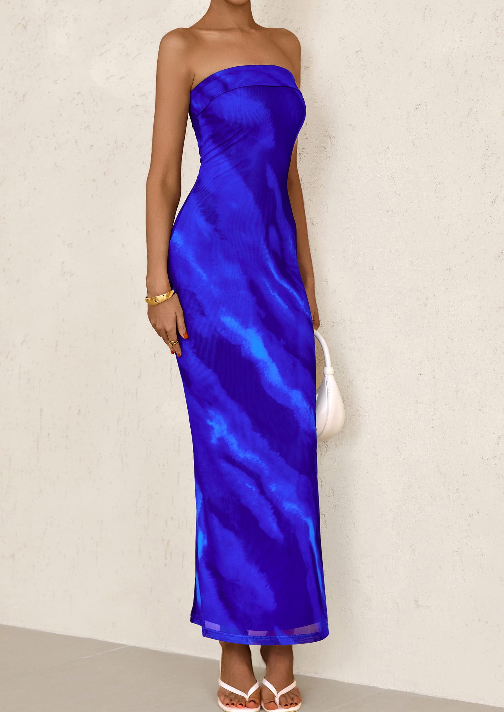 PRETTYGARDEN Womens Printed Tube Maxi Dress Strapless Bodycon Sleeveless Night Out Long Dresses