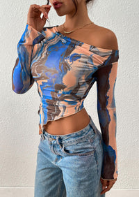 PRETTYGARDEN Womens Fall Trendy Off Shoulder Tops Tie Dye Mesh Long Sleeve Shirts Asymmetrical Ruched Floral Blouse