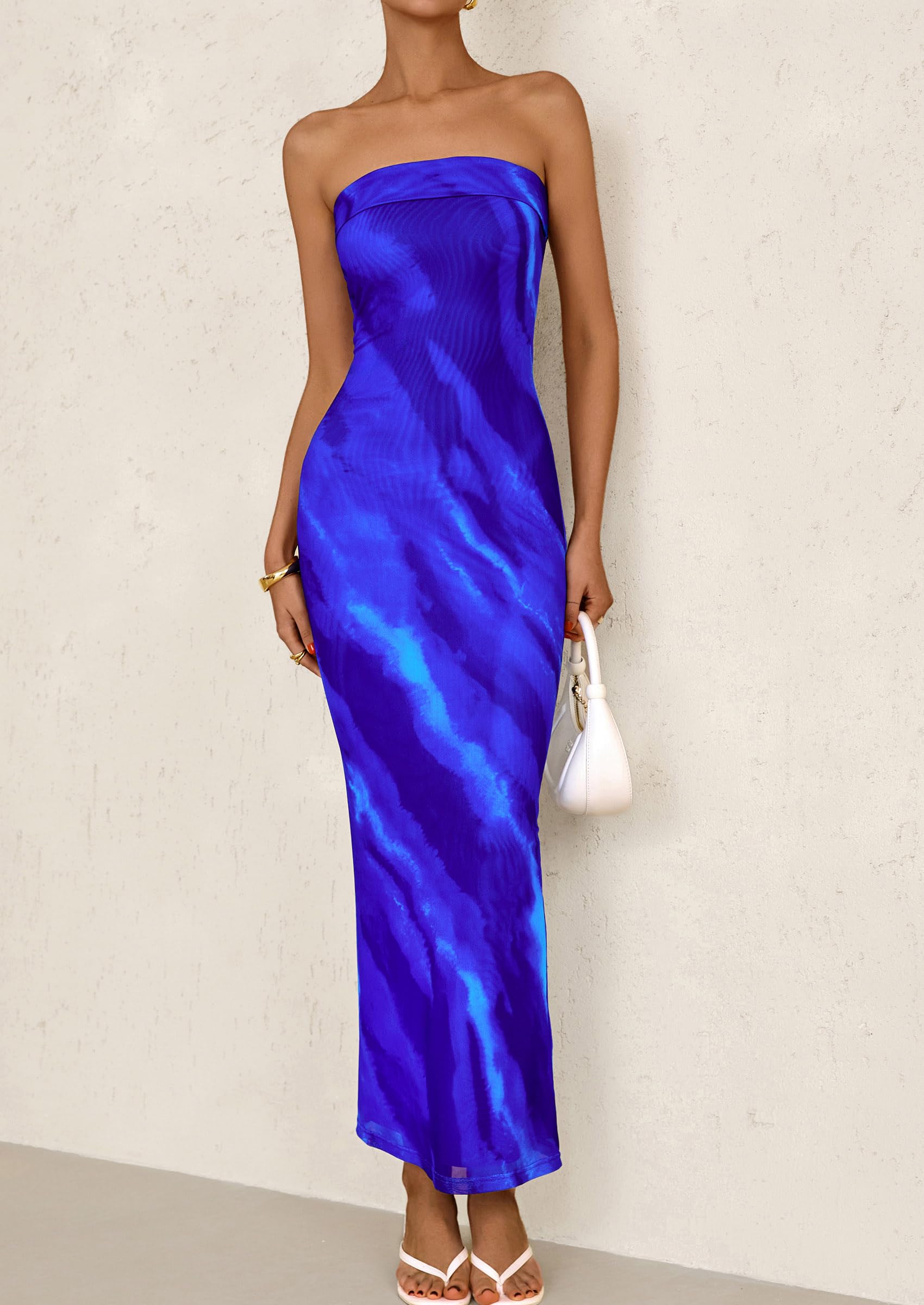 PRETTYGARDEN Womens Printed Tube Maxi Dress Strapless Bodycon Sleeveless Night Out Long Dresses