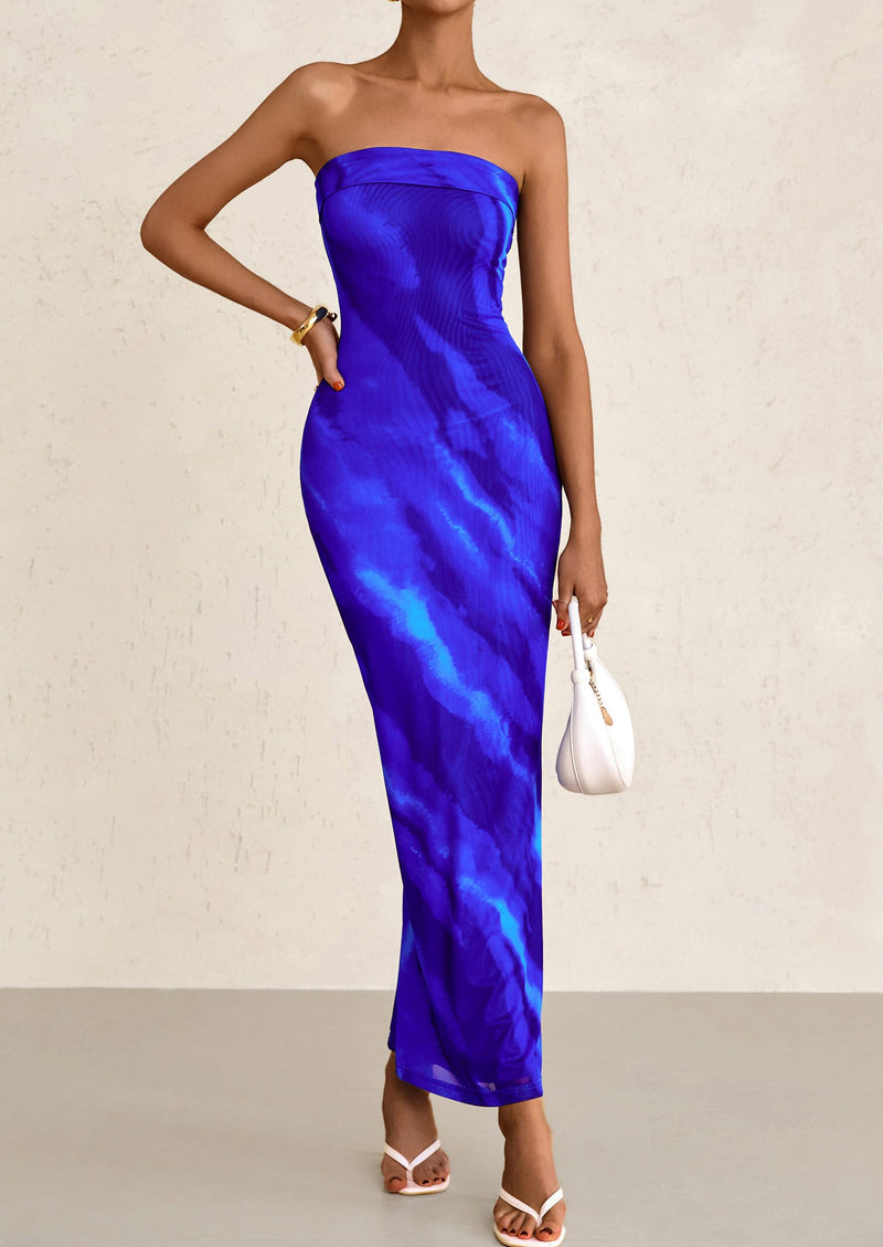 night out long dresses PRETTYGARDEN Womens Printed Tube Maxi Dress Strapless Bodycon Sleevele