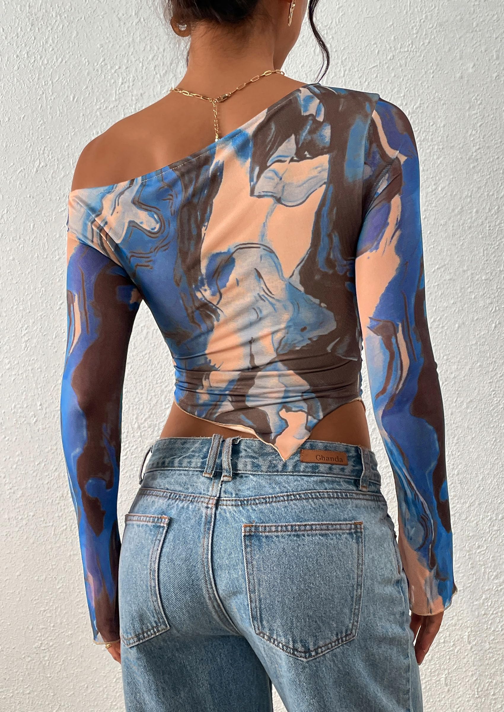 PRETTYGARDEN Womens Fall Trendy Off Shoulder Tops Tie Dye Mesh Long Sleeve Shirts Asymmetrical Ruched Floral Blouse