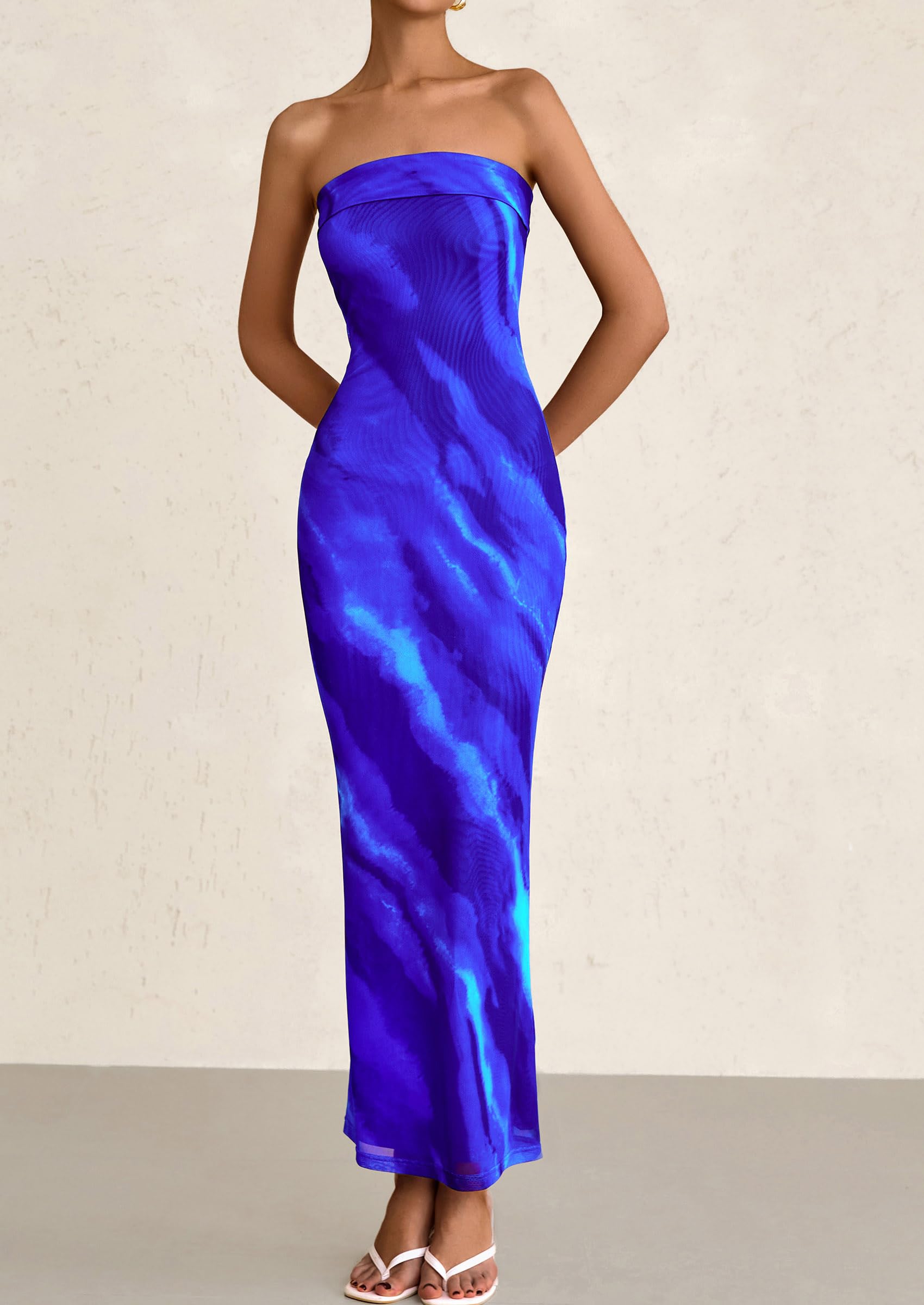 PRETTYGARDEN Womens Printed Tube Maxi Dress Strapless Bodycon Sleeveless Night Out Long Dresses