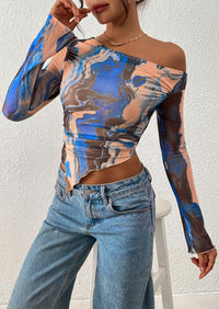 PRETTYGARDEN Womens Fall Trendy Off Shoulder Tops Tie Dye Mesh Long Sleeve Shirts Asymmetrical Ruched Floral Blouse