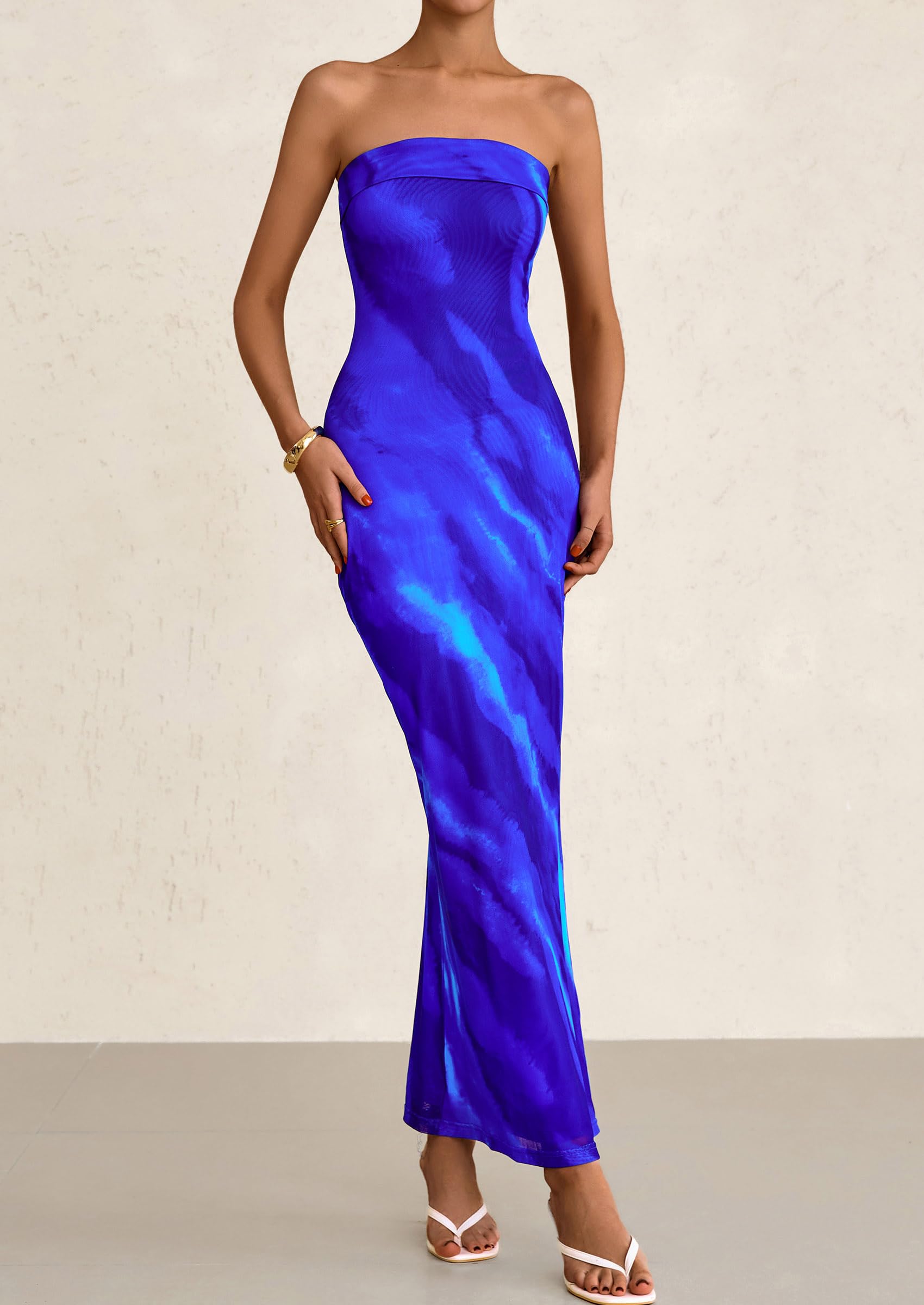 PRETTYGARDEN Womens Printed Tube Maxi Dress Strapless Bodycon Sleeveless Night Out Long Dresses