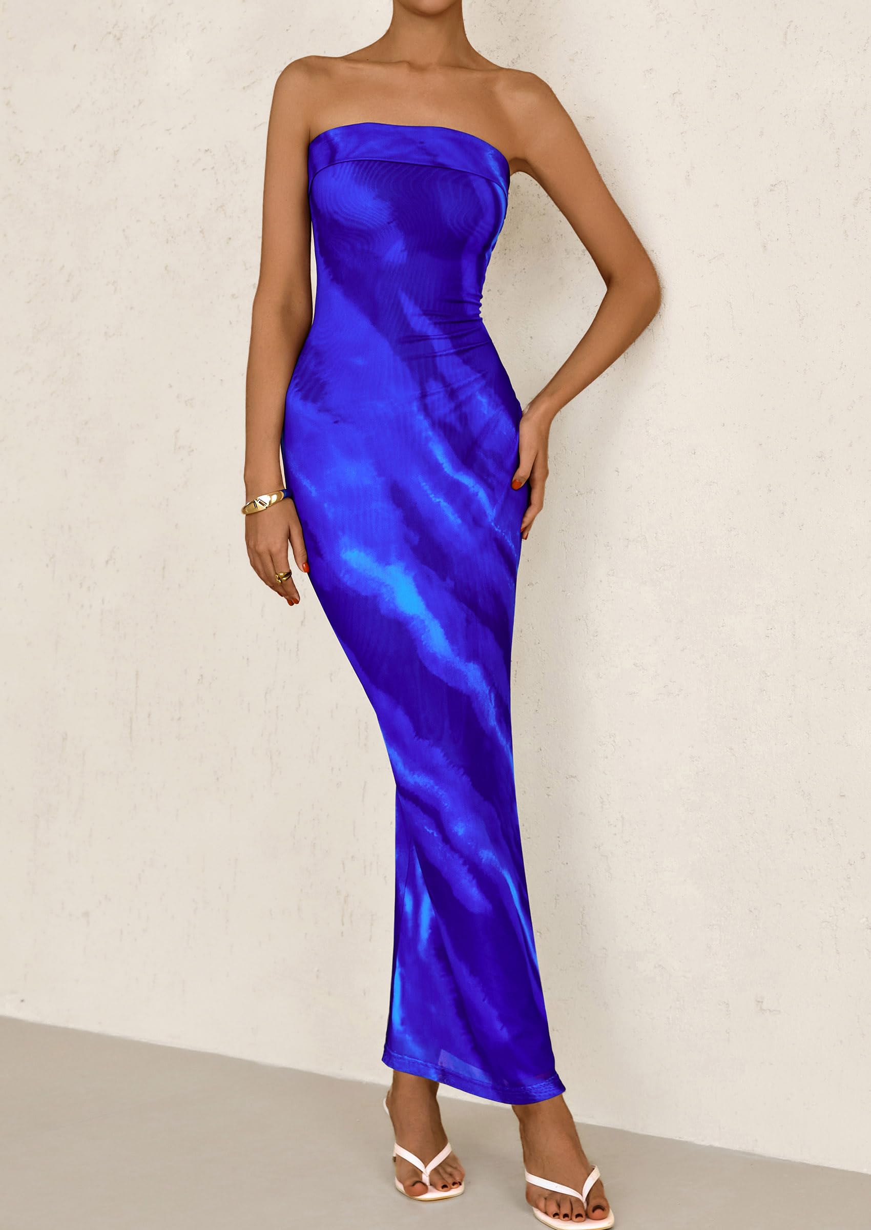 PRETTYGARDEN Womens Printed Tube Maxi Dress Strapless Bodycon Sleeveless Night Out Long Dresses