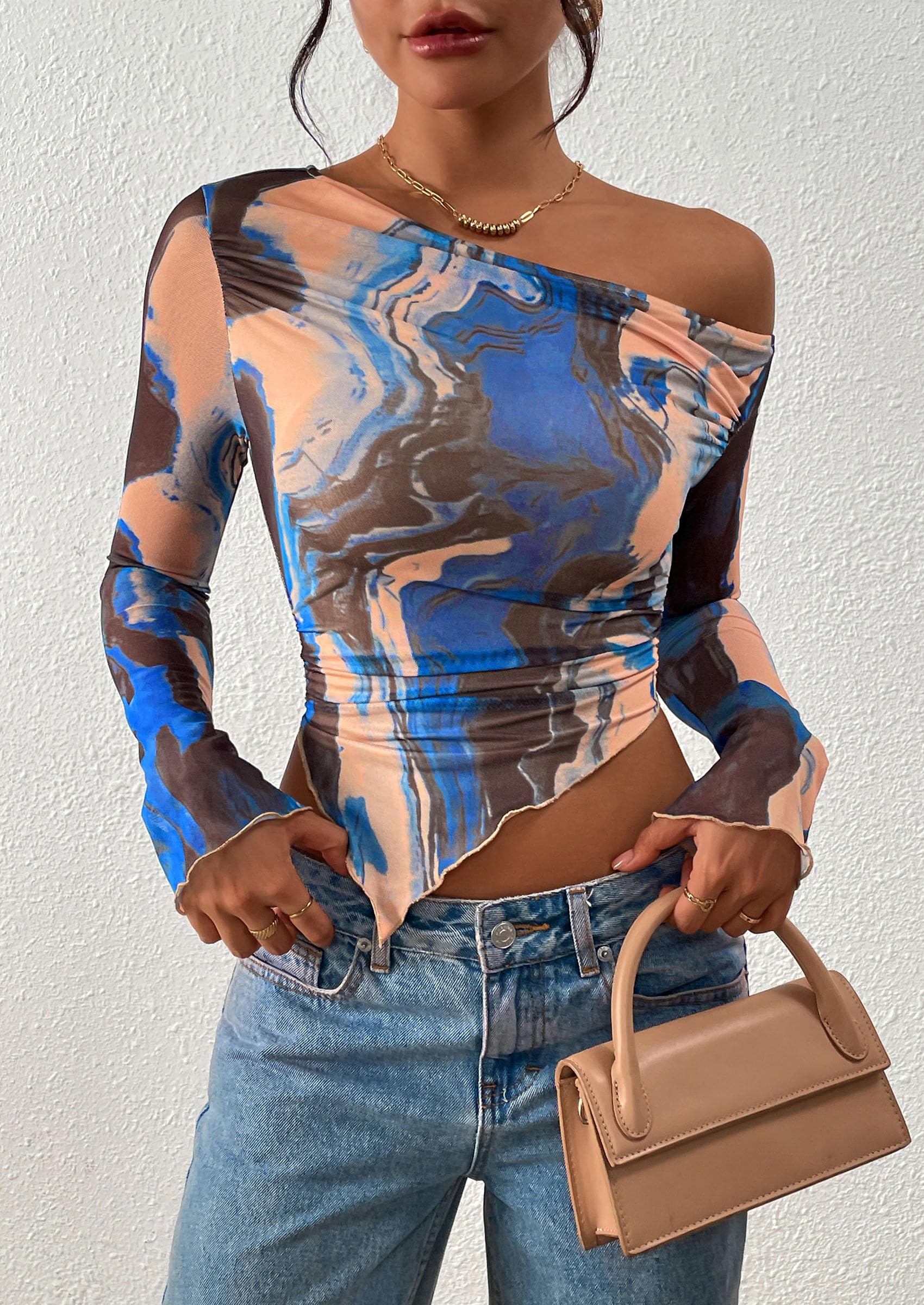 PRETTYGARDEN Womens Fall Trendy Off Shoulder Tops Tie Dye Mesh Long Sleeve Shirts Asymmetrical Ruched Floral Blouse