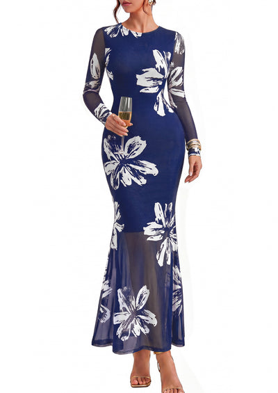 PRETTYGARDEN Womens Floral Mesh Long Sleeve Maxi Dresses 2026 Fall Wedding Guest Formal Cocktail Party Holiday Bodycon Dress
