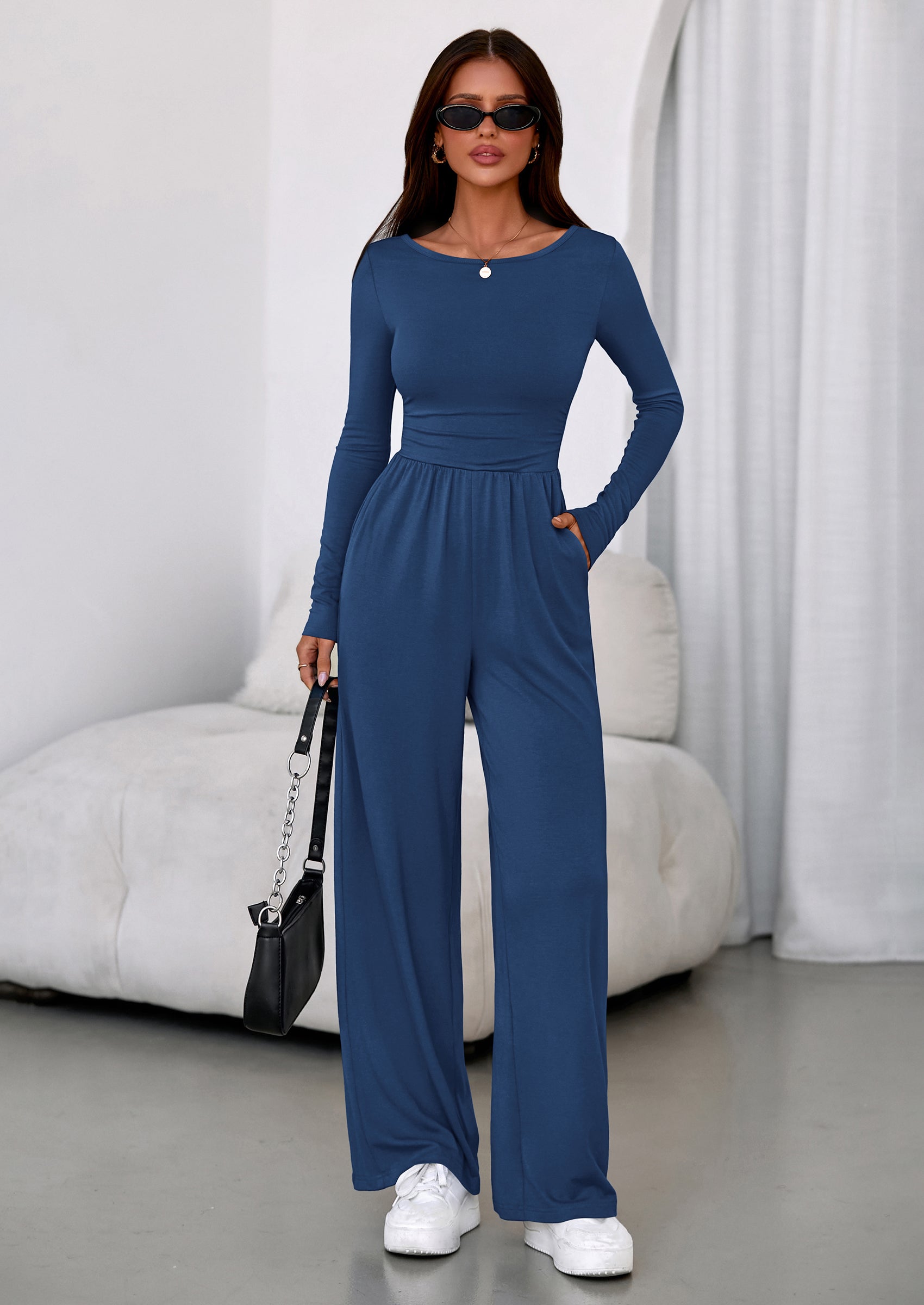 PRETTYGARDEN One Piece Jumpsuits for Women Dressy Casual Long Sleeve Crewneck Wide Leg Romper Overalls Spring Outfits