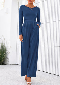 PRETTYGARDEN One Piece Jumpsuits for Women Dressy Casual Long Sleeve Crewneck Wide Leg Romper Overalls Spring Outfits