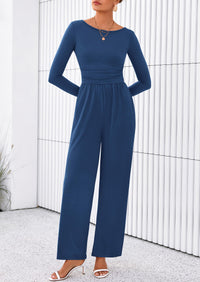 PRETTYGARDEN One Piece Jumpsuits for Women Dressy Casual Long Sleeve Crewneck Wide Leg Romper Overalls Spring Outfits