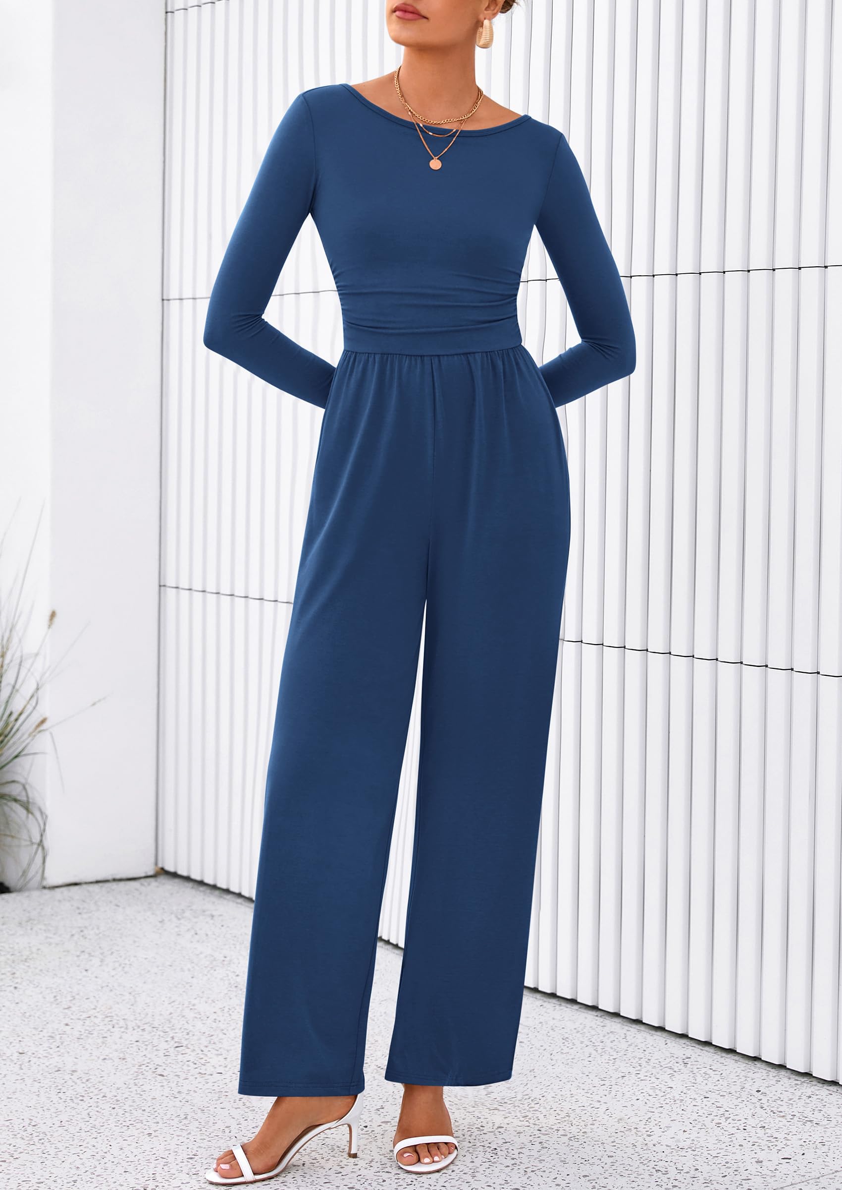 PRETTYGARDEN One Piece Jumpsuits for Women Dressy Casual Long Sleeve Crewneck Wide Leg Romper Overalls Spring Outfits